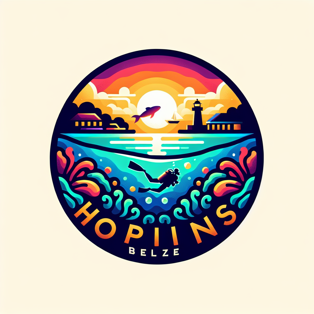 Un logo para un sitio web de buceo local en Hopkins, Belice, que refleje la aventura y la belleza del océano, incorporando elementos de buceo y la cultura local, con un diseño vibrante y acogedor que inspire a los amantes de la exploración submarina.